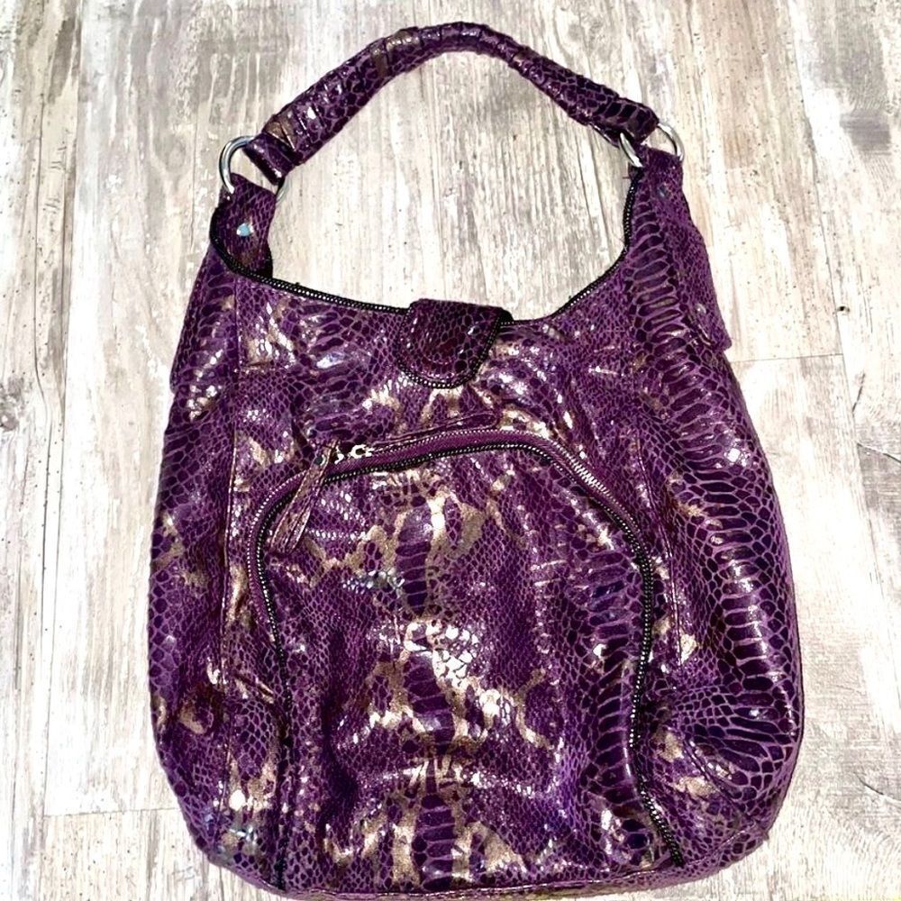 MARK bag by Avon snakeskin purple metallic pattern twisted short drop handle EUC